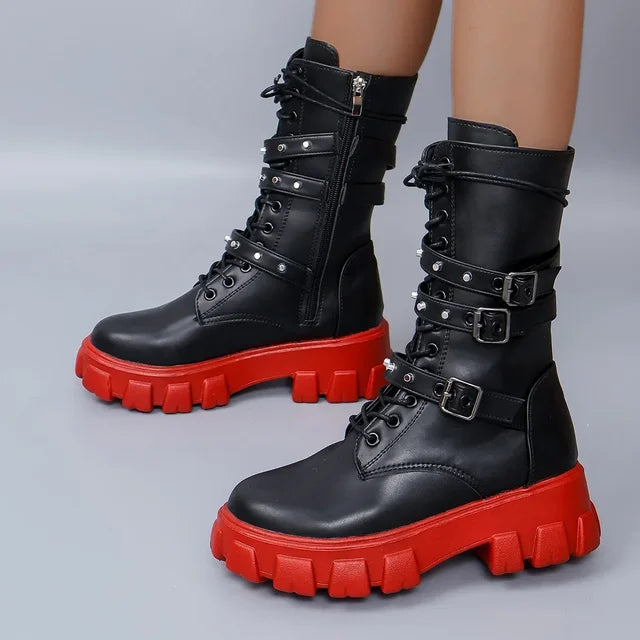 Punkgräfin Punk Gothic Platform Boots Damen – Biker Schnallen Designer Boots