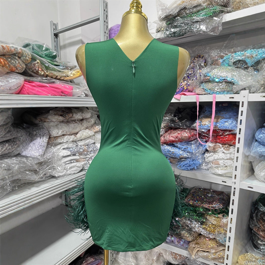 Muschibitch Glitzer Mini Kleid Grün – Strass Mesh Dress mit Federn