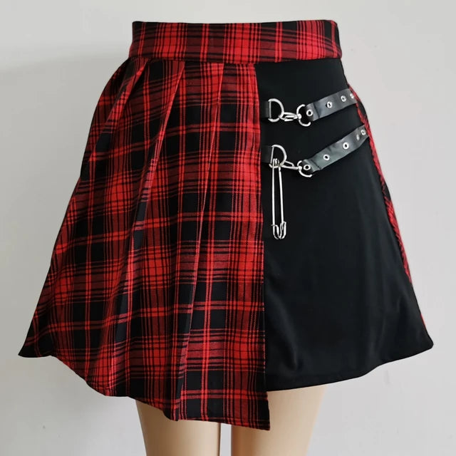 Punkgräfin Karierter Minirock Damen – Gothic Plaid Rock mit Riemen