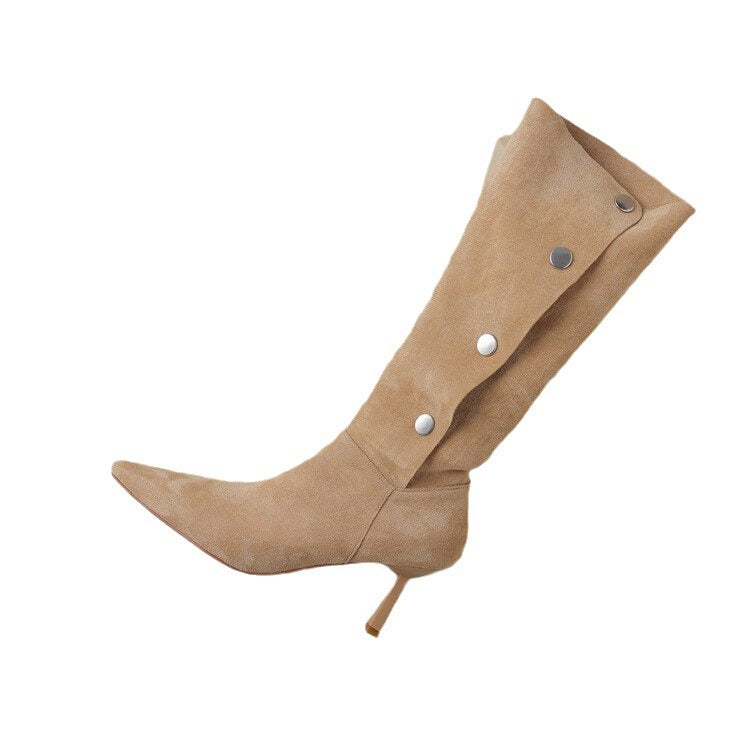 Punkgräfin Kniehohe Wildleder Boots – Gothic High Heel Damen Stiefel