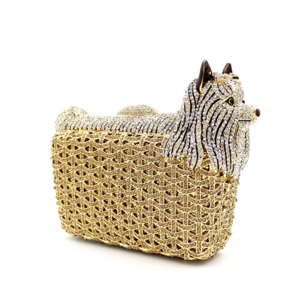 Muschibitch Crystal Puppy Clutch – Luxury Rhinestone Dog Designer Evening Bag