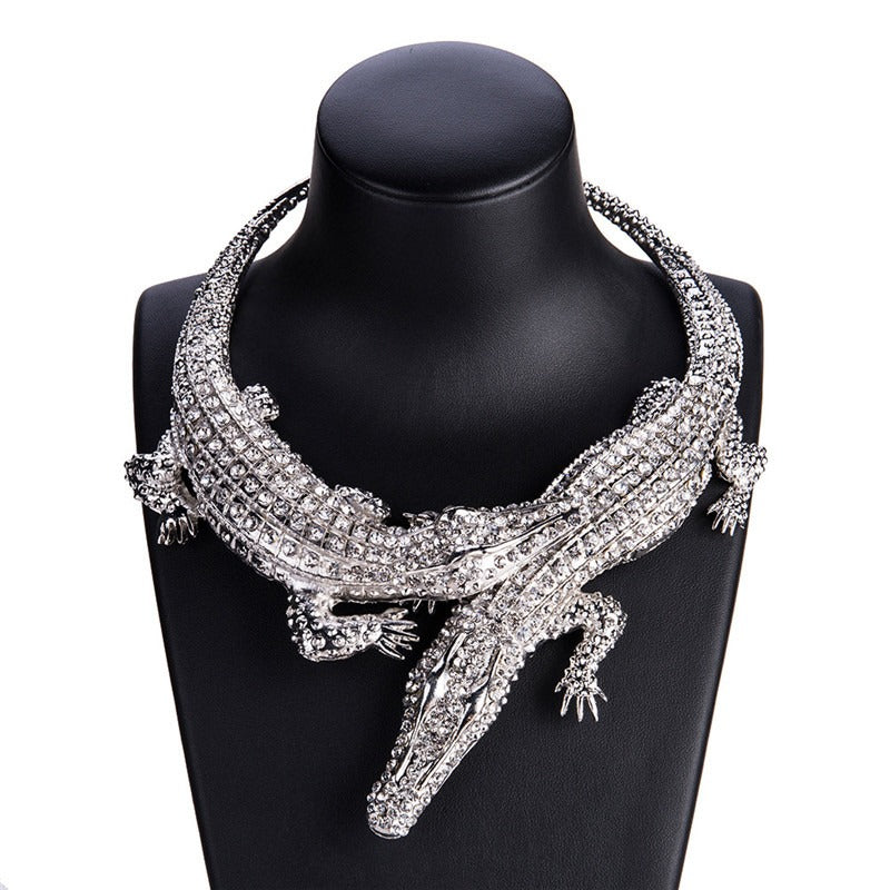 Krokodil Statement Halskette mit Kristallen – Luxus Crocodile Necklace Gold Silber