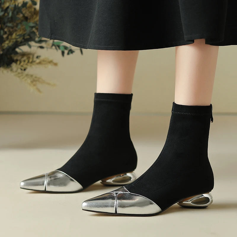Punkgräfin Sock Boots Damen Schwarz Gold / Silber – Designer Ankle Boots mit Metallic Spitze