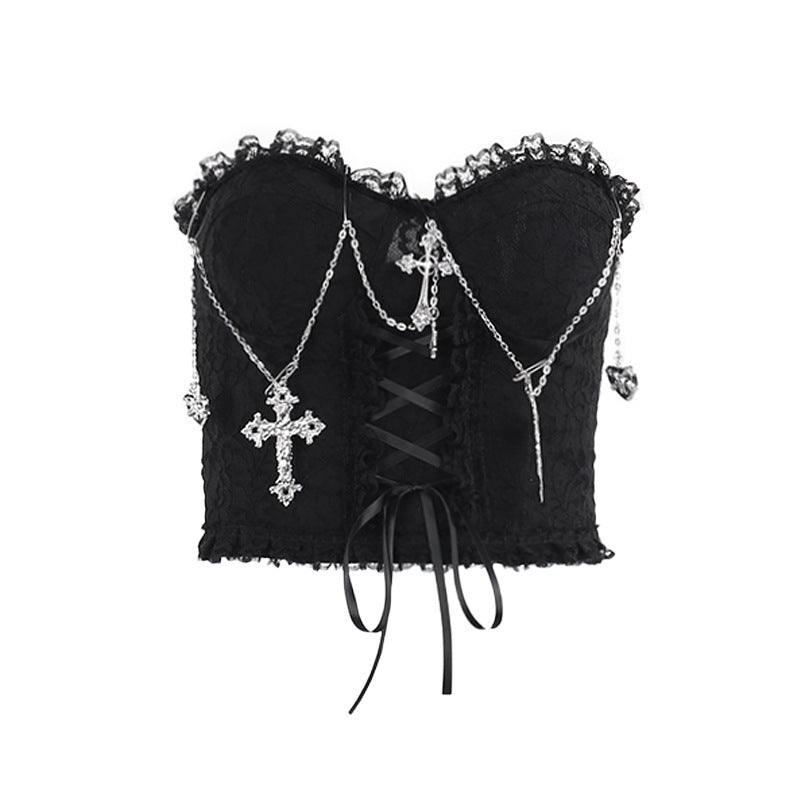 Gothicbro Gothic Korsett Top – Dark Cross Chain Lace Bustier