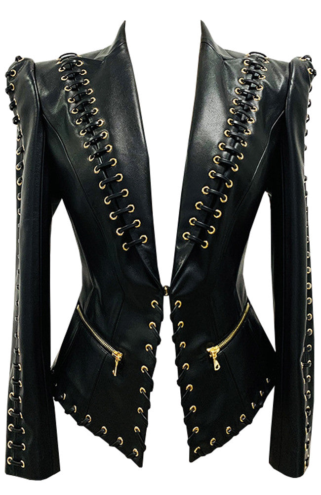 Punkgräfin Lace-Up Lederblazer – Designer Faux Leather Jacket