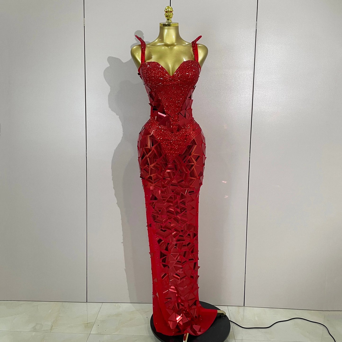 Muschibitch Luxus Abendkleid Rot Strass Spiegel Bodycon Glam Dress