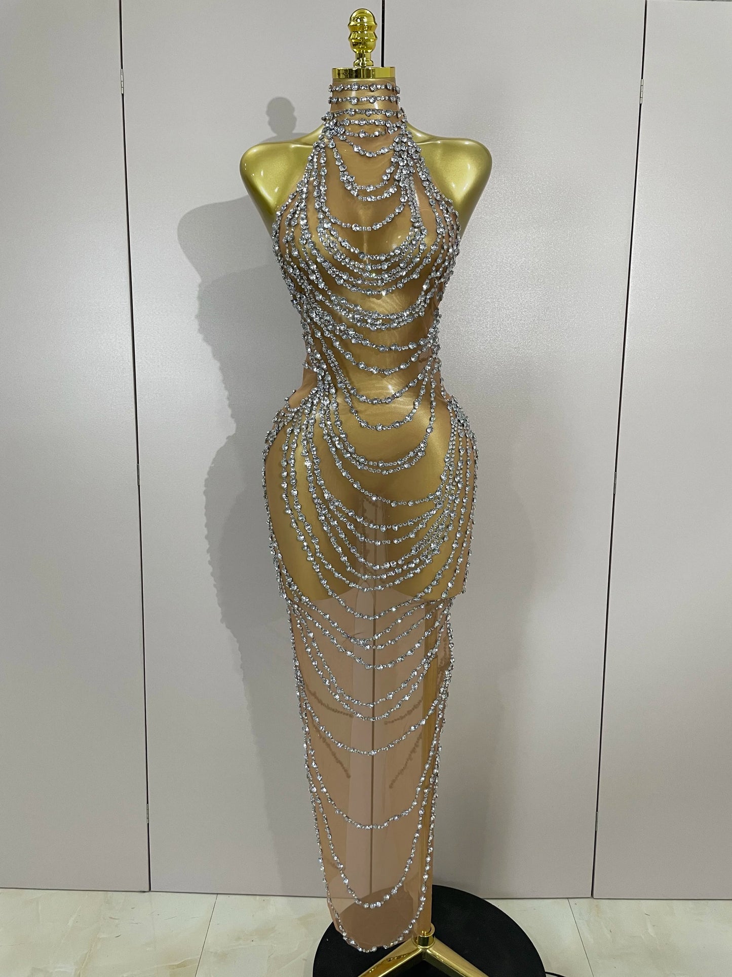 Muschibitch Sexy Luxus Gold Strass Kleid Transparent Abendkleid Club Glam