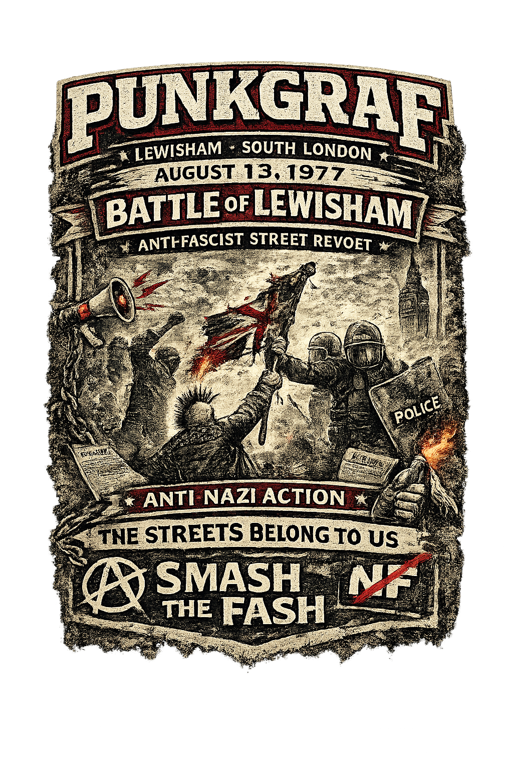 Lewisham 1977 Punk Hoodie, Battle of Lewisham Revolt, Anti Faschismus Statement, Handmade AOP Hoodie South London Streetwear Vintage Protest