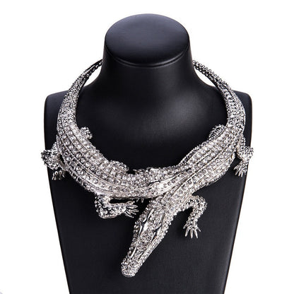Krokodil Statement Halskette mit Kristallen – Luxus Crocodile Necklace Gold Silber
