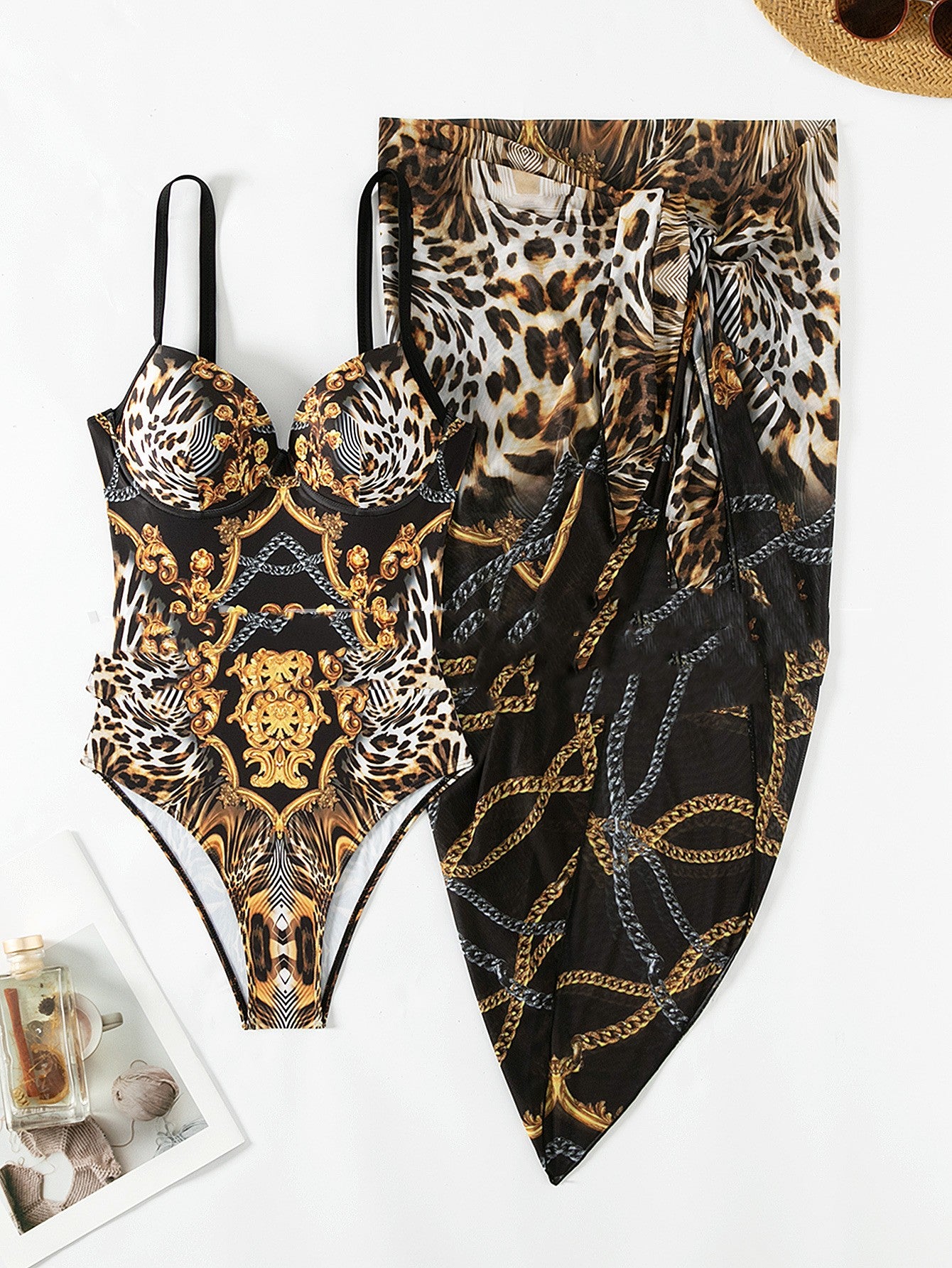 Muschibitch Luxus Badeanzug mit Rock, Glamour Barock Animal Print Leopard Designer Bademode
