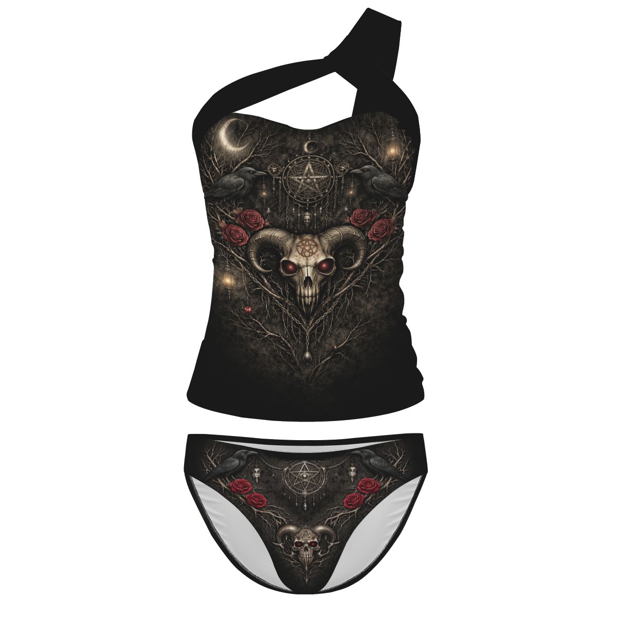 Gothicbro One Shoulder Skull Bikini Dark Romance Pentagramm Bademode Okkult Swimwear