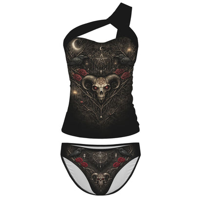 Gothicbro One Shoulder Skull Bikini Dark Romance Pentagramm Bademode Okkult Swimwear