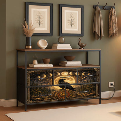 Gothic TV Sideboard Schrank mit Rabe auf Wikinger Runenstein - Keltisch Kommode mit Steckdosen und USB
