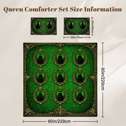 Gothic Queen Bettwäsche 3-teilig grün mit schwarzer Katze in viktorianischen Ornamentrahmen