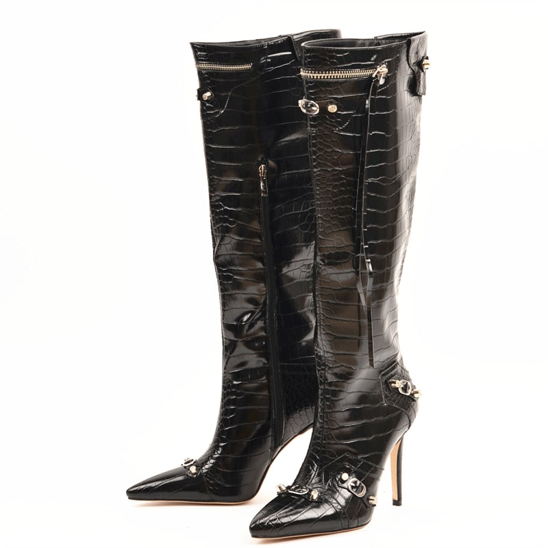 Punkgräfin Croco High Heel Boots – Gothic Punk Knie Stiefel Damen
