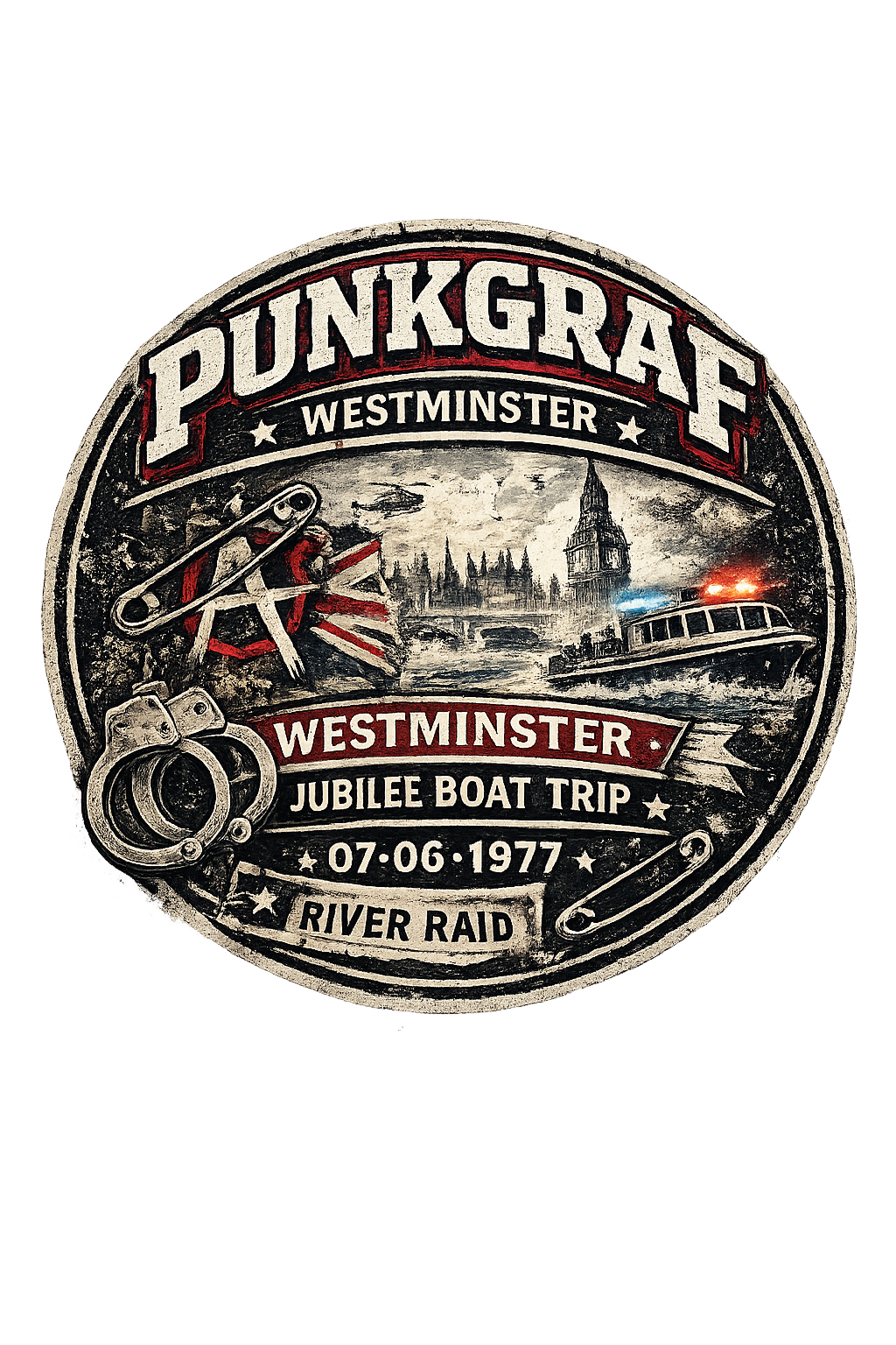 Punk Rock Shirt, Jubilee Boat Trip 1977, Westminster Thames Riot Sex Pistols – AOP T-Shirt Vintage Punk Poster Look by Punkgraf
