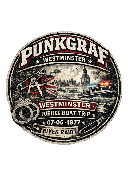 Punk Rock Shirt, Jubilee Boat Trip 1977, Westminster Thames Riot Sex Pistols – AOP T-Shirt Vintage Punk Poster Look by Punkgraf