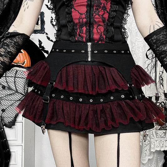 Gothicbro Zweiteiler Damen Rot Schwarz – Gothic Top & Ruffle Minirock Set