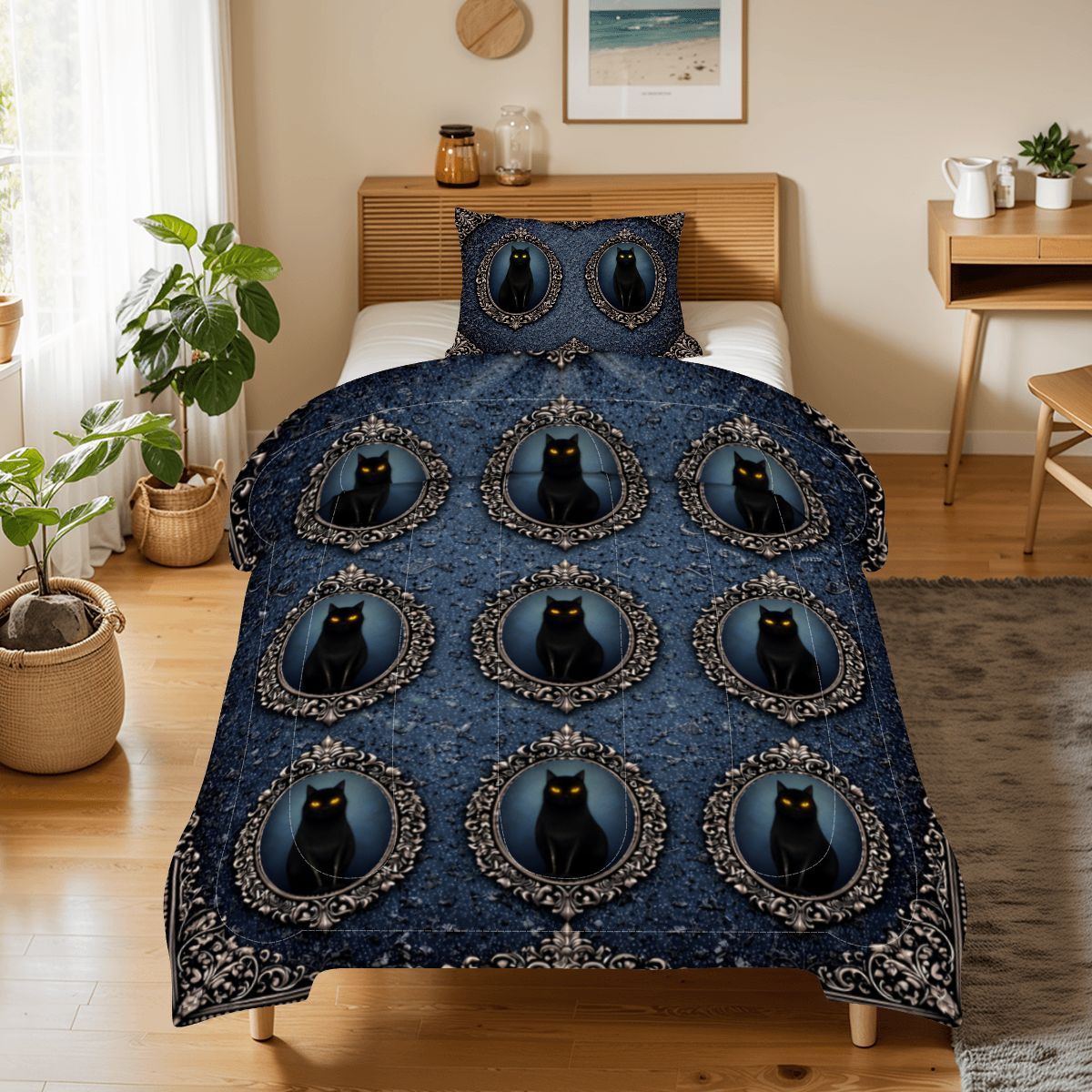 Gothic Bettwäsche blau, schwarze Katze, Twin Comforter Set Dark Aesthetic, Gothicbro Bettdecke mit Kissenbezug