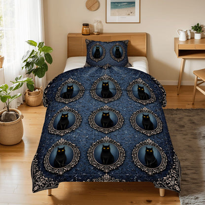 Gothic Bettwäsche blau, schwarze Katze, Twin Comforter Set Dark Aesthetic, Gothicbro Bettdecke mit Kissenbezug