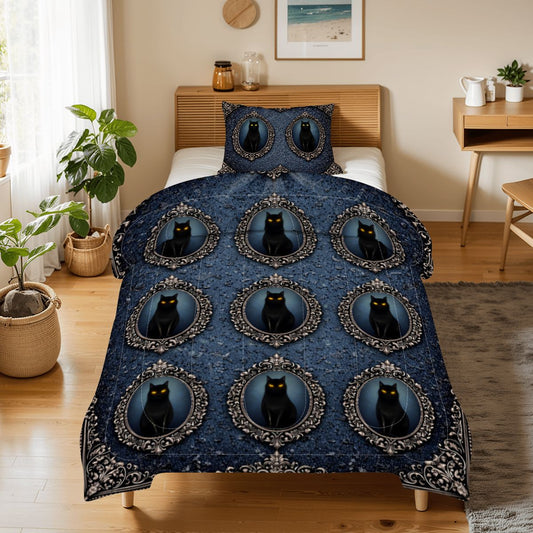 Gothic Bettwäsche blau, schwarze Katze, Twin Comforter Set Dark Aesthetic, Gothicbro Bettdecke mit Kissenbezug