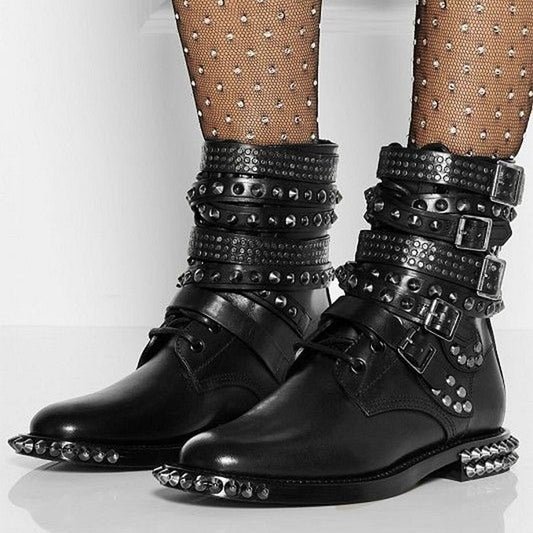 Punkgräfin Biker Boots Damen – Punk Leder Boots mit Nieten & Schnallen