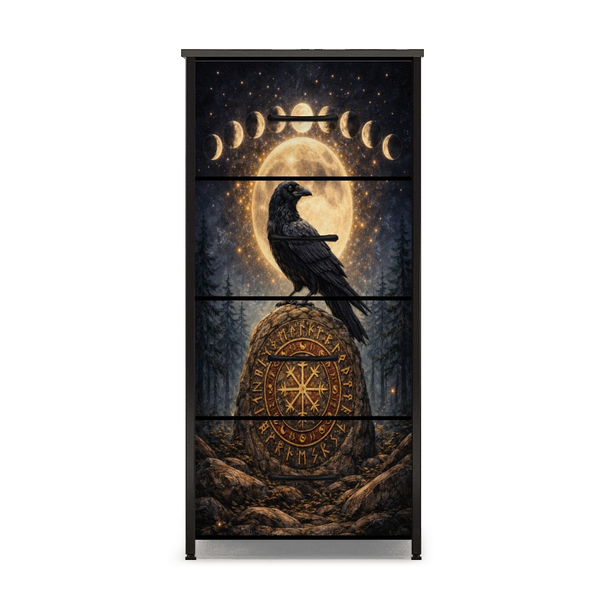 Gothic Kommode Rabe Mondphasen, Runen Schrank 4 Schubladen Möbel Dark Aesthetic