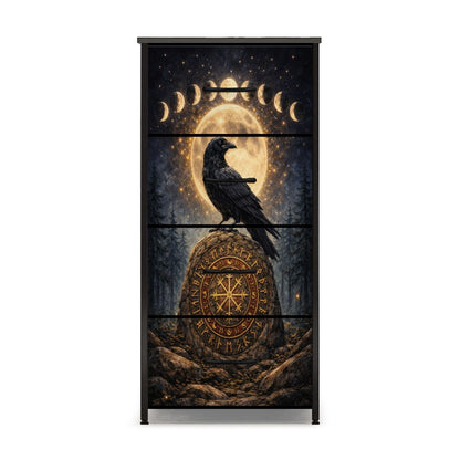 Gothic Kommode Rabe Mondphasen, Runen Schrank 4 Schubladen Möbel Dark Aesthetic