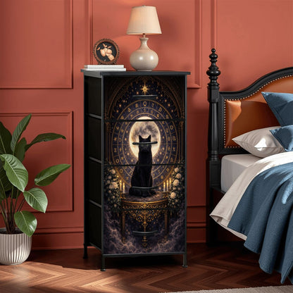 Gothic Kommode Schrank mit schwarze Katze und Runen und 4 Schubladen, Möbel Dark Aesthetic