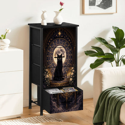Gothic Kommode Schrank mit schwarze Katze und Runen und 4 Schubladen, Möbel Dark Aesthetic