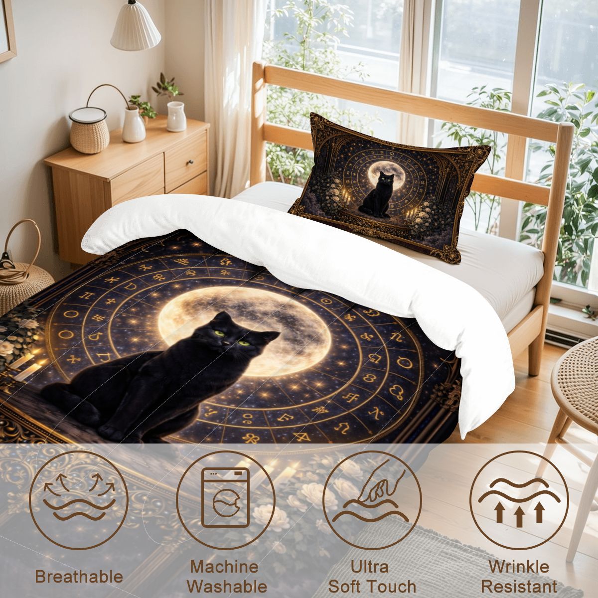 Gothic Bettwäsche schwarze Katze, Twin Comforter Set mit Mond und Symbolkreis