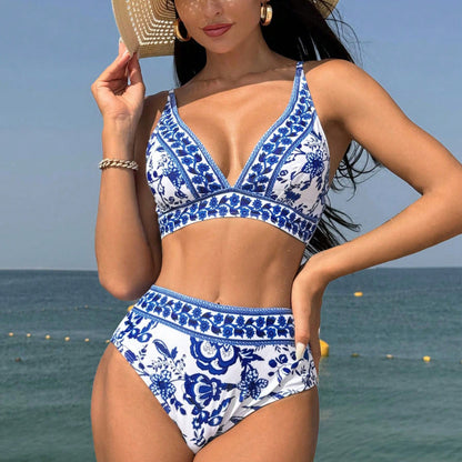 Muschibitch High Waist Print Bikini, sexy Zweiteiler mit V-Ausschnitt Beach Club