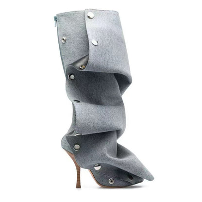 Punkgräfin Gothic Designer Boots – Irregular Punk Kniehohe Stiefel, braun & blau