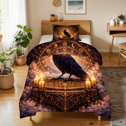 Gothic Bettwäsche mit Rabe, Tierkreis & Kerzenlicht, mystisches okkultes Twin Comforter Set