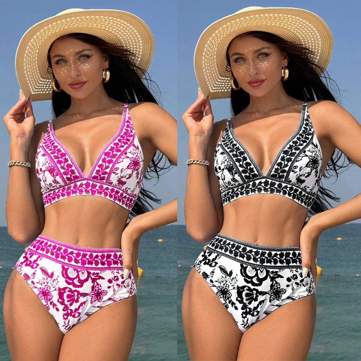 Muschibitch High Waist Print Bikini, sexy Zweiteiler mit V-Ausschnitt Beach Club
