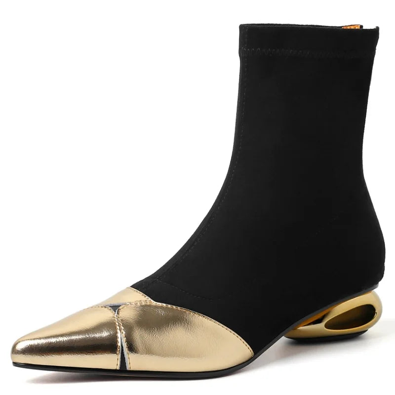Punkgräfin Sock Boots Damen Schwarz Gold / Silber – Designer Ankle Boots mit Metallic Spitze