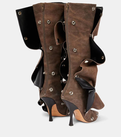 Punkgräfin Gothic Designer Boots – Irregular Punk Kniehohe Stiefel, braun & blau