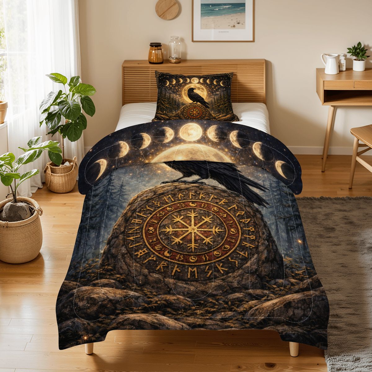Gothic Bettwäsche mit Rabe auf Wikinger Runenstein, mystisches Comforter Set