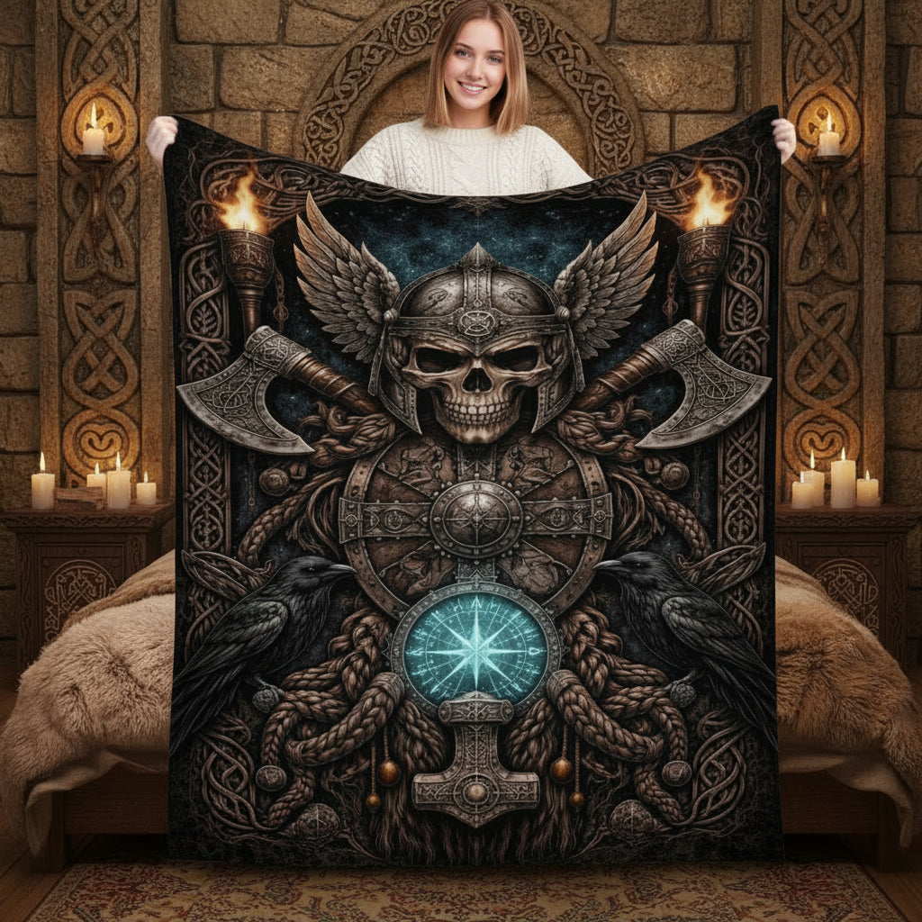 Gothicbro Keltische Flanelldecke Walhalla-Wächter mit nordischen Kriegerschädel und Thorshammer