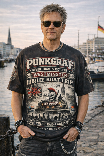 Punk Rock Shirt, Jubilee Boat Trip 1977, Westminster Thames Riot Sex Pistols – AOP T-Shirt Vintage Punk Poster Look by Punkgraf