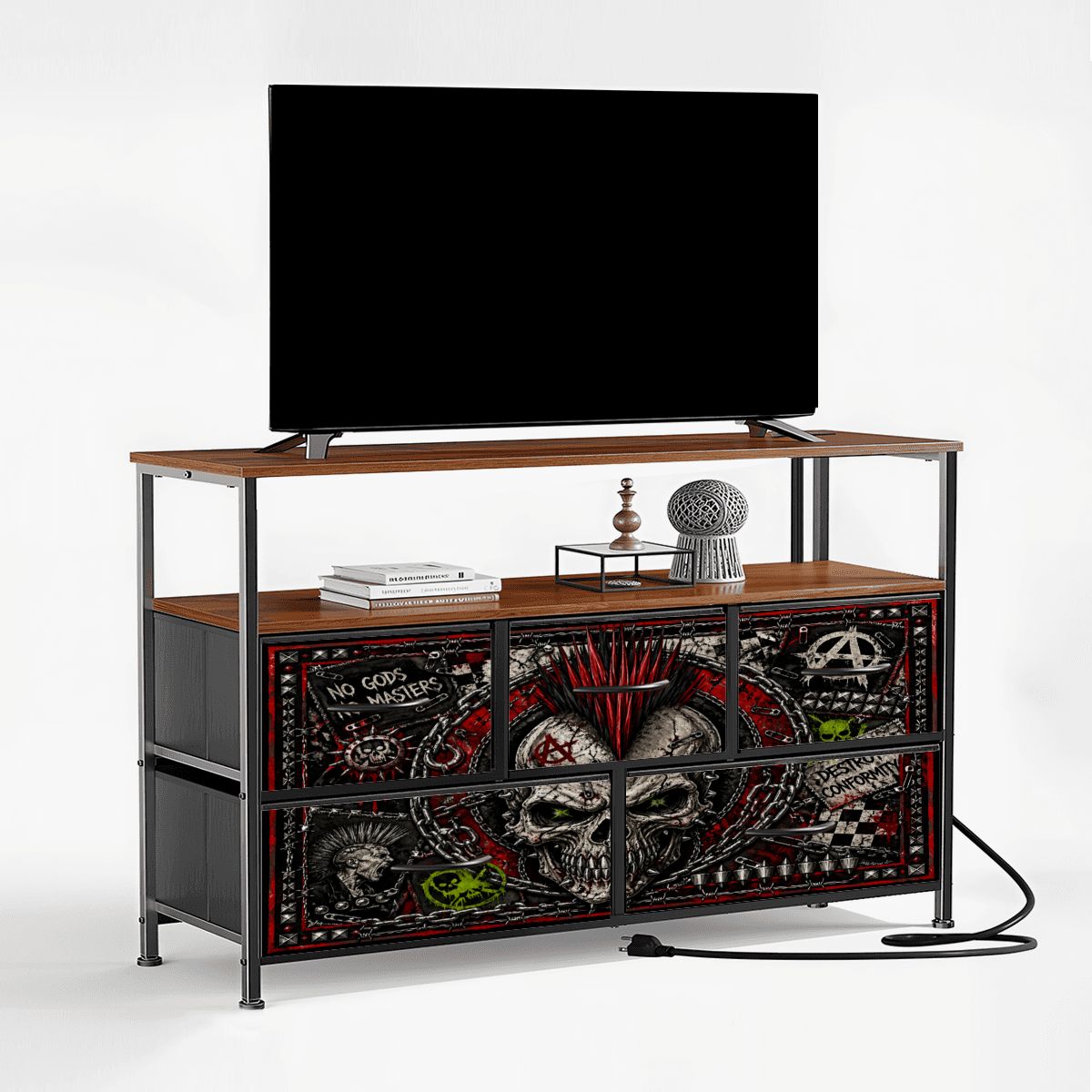 Punk TV Lowboard TV Stand, Designer Sideboard NO GODS NO MASTERS Steckdosenleiste & USB-Ports