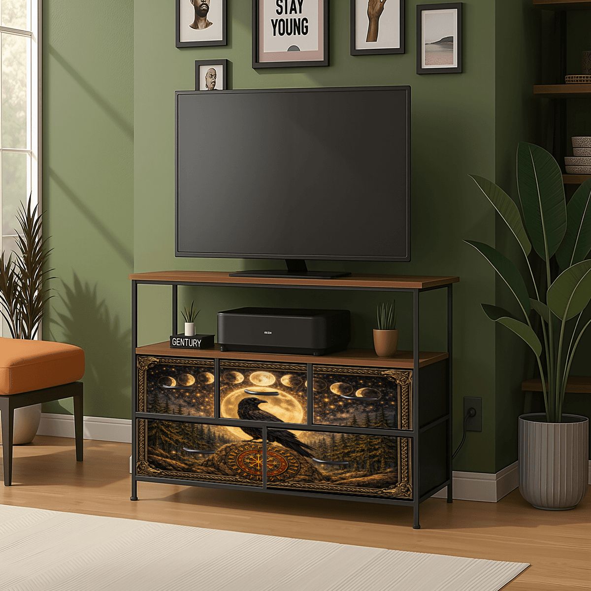 Gothic TV Sideboard Schrank mit Rabe auf Wikinger Runenstein - Keltisch Kommode mit Steckdosen und USB