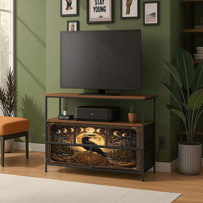Gothic TV Sideboard Schrank mit Rabe auf Wikinger Runenstein - Keltisch Kommode mit Steckdosen und USB