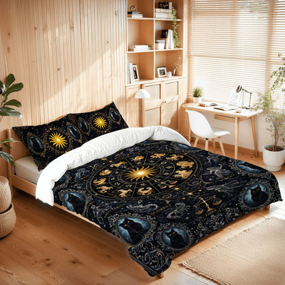 Gothic Zodiak Bettwäsche Queen 3-teilig Blau mit Astrologie Sternzeichen, schwarze Katzen in viktorianischen Stil