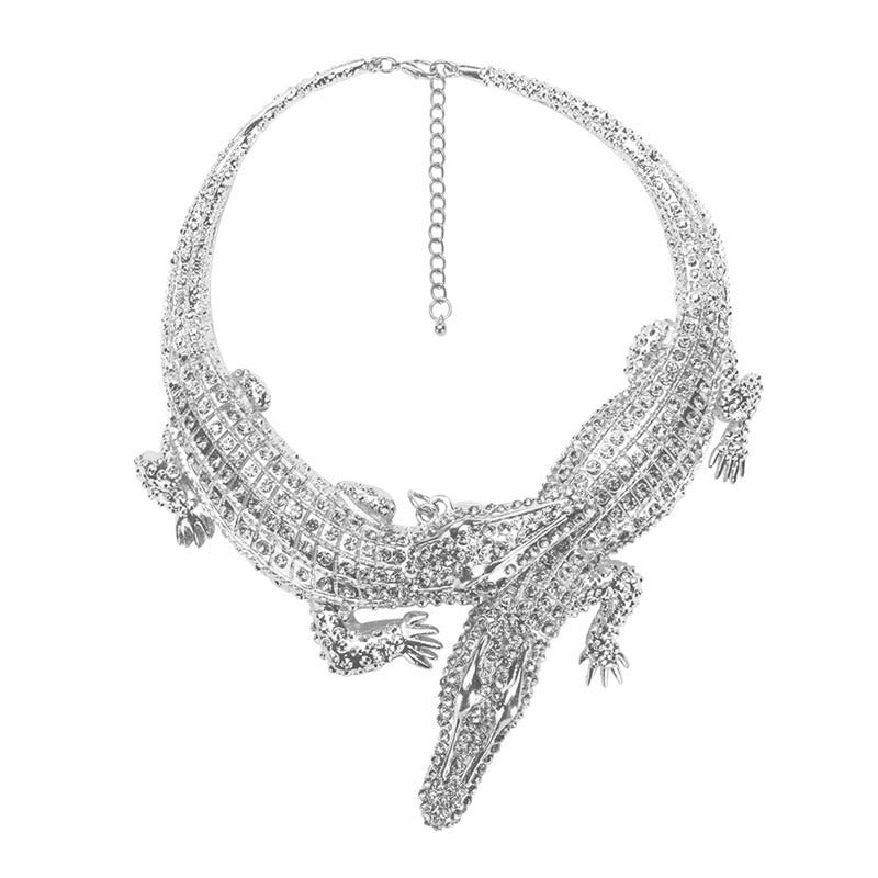 Krokodil Statement Halskette mit Kristallen – Luxus Crocodile Necklace Gold Silber