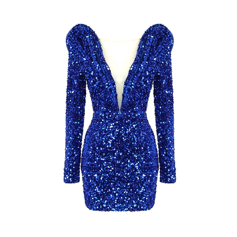 Muschibitch Blaues Pailletten Minikleid – Deep V Glamour Party Dress
