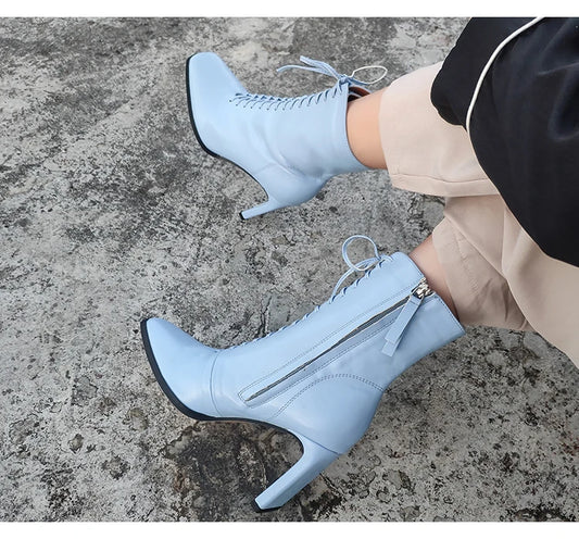 Punkgräfin Lace-Up High Heel Stiefeletten – Gothic Damen Ankle Boots mit Schnürung