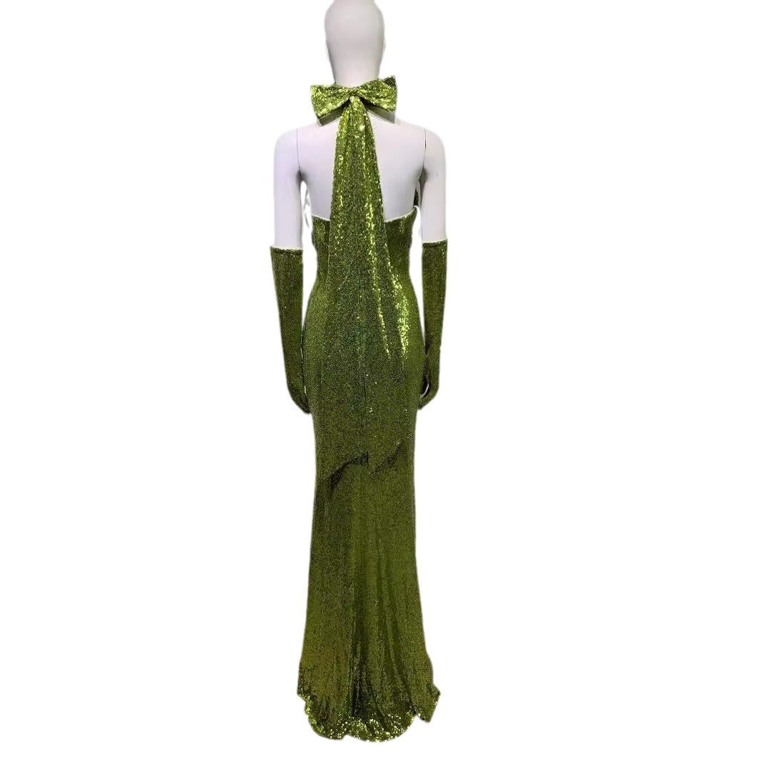 Muschibitch Glamour Pailletten Abendkleid Grün – Sexy Halter Dress mit Schlitz