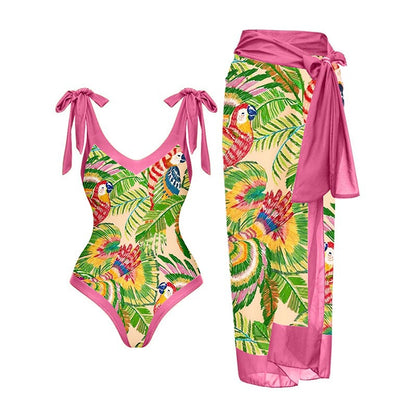 Muschibitch Luxus Designer Badeanzug mit Rock Tropical Pink Parrot
