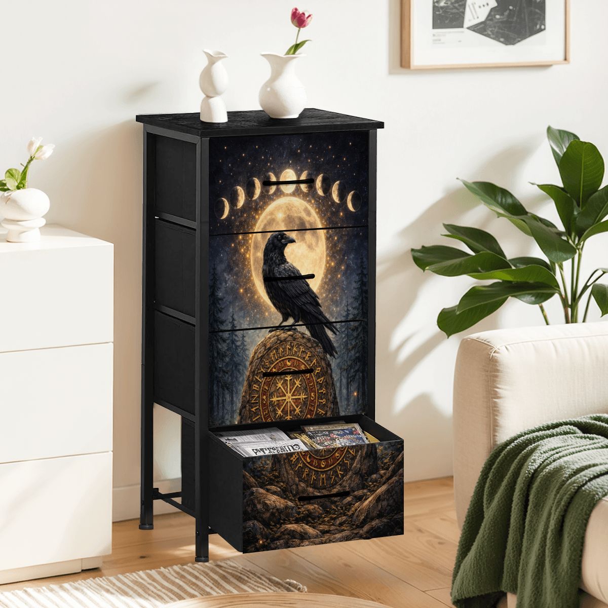 Gothic Kommode Rabe Mondphasen, Runen Schrank 4 Schubladen Möbel Dark Aesthetic